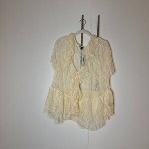 Torrid Lace Ruffle V Neck Blouse in Birch